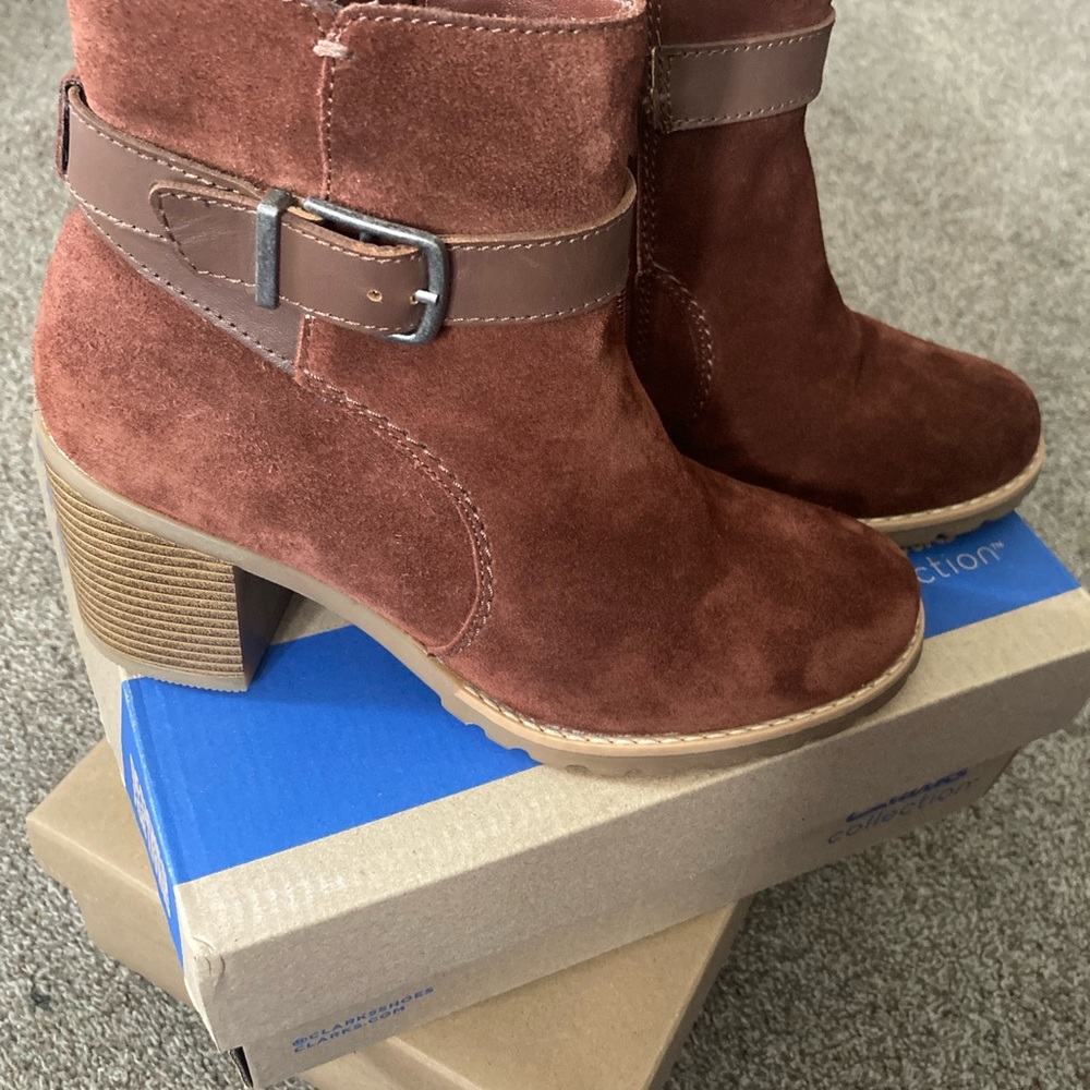 Clarks Women's Suede Ankle Booties in Rust Brown with Buckle